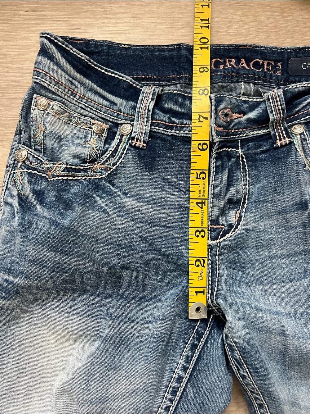 Grace Light Blue Capri Denim Jeans 28 Embroidered Pockets Pink Green/Teal - Picture 6 of 10